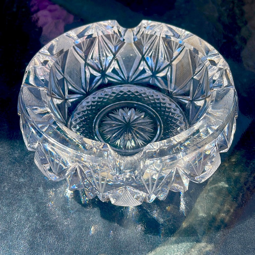 Vintage Genuine Hand Cut Heavy‎ Crystal Clear Cut Glass Cigar Ashtray Germany